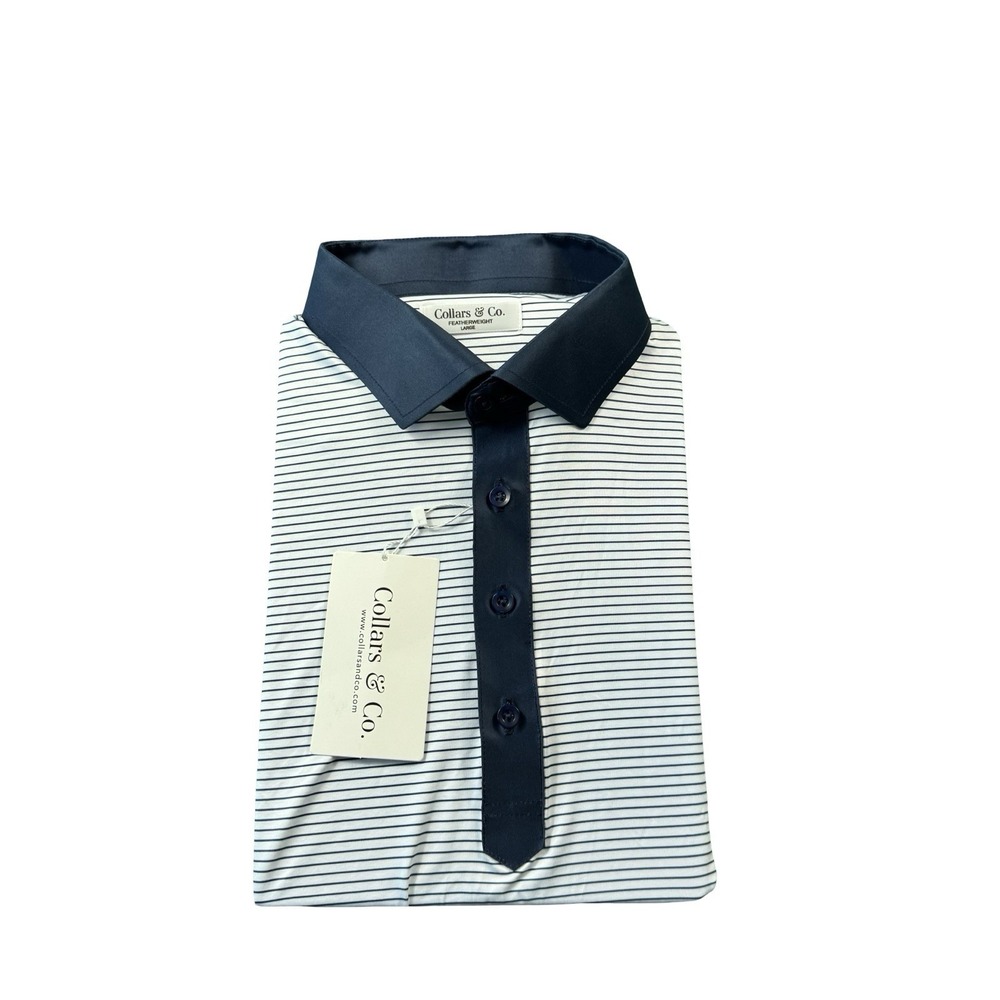 Collars & Co. White Blue Striped Dress Collar Performance Polo Shirt Size L NWT